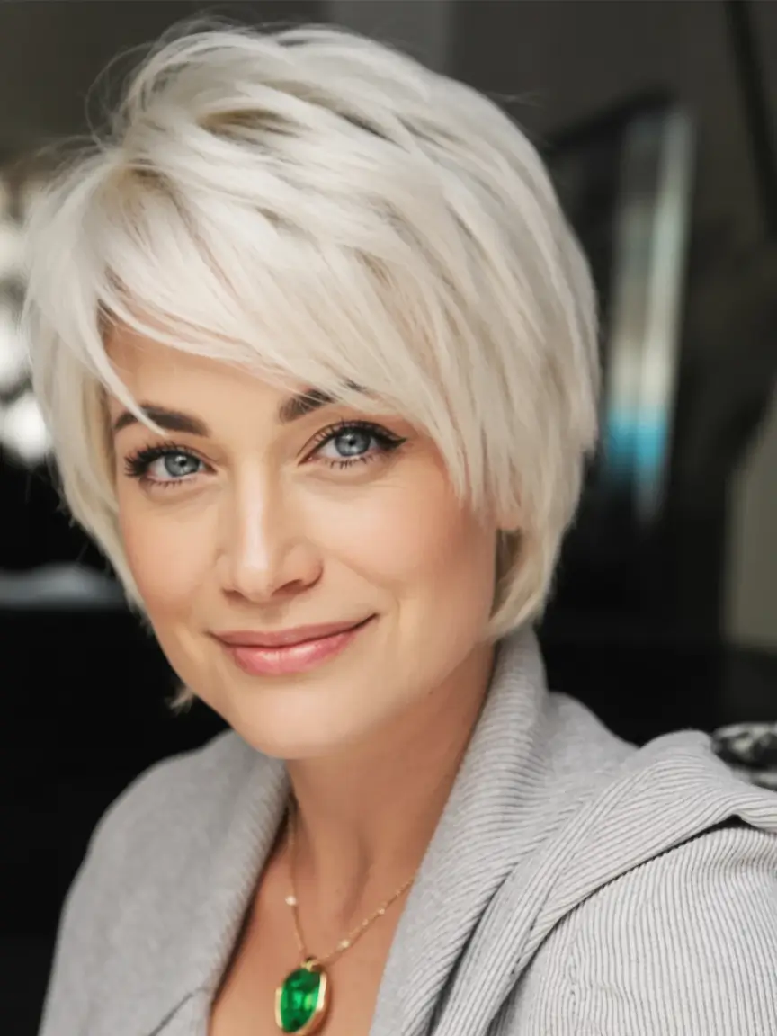 Best Fall hairstyles and colors for Women 40+ in 2025 Cool Platinum Pixie With Fringe