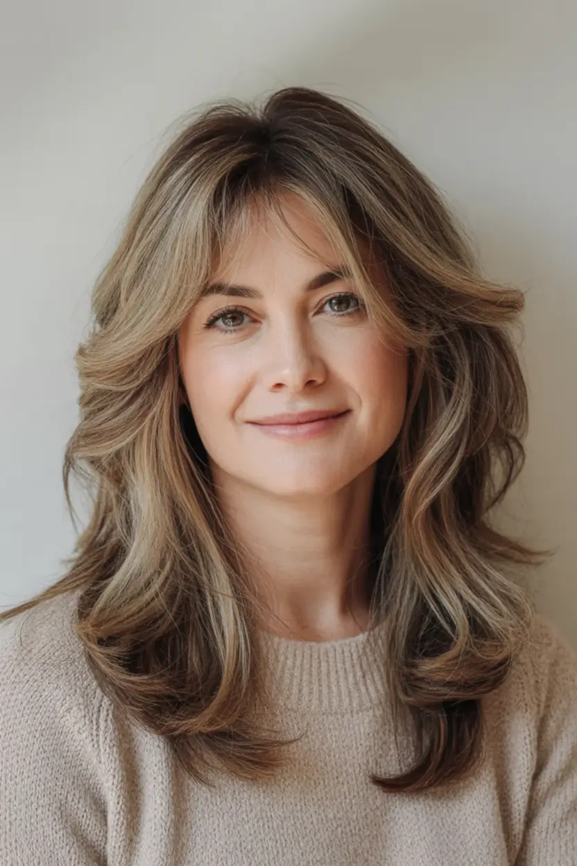 Best Fall hairstyles and colors for Women 40+ in 2025 Feathered Layers with Natural Fall Brunette