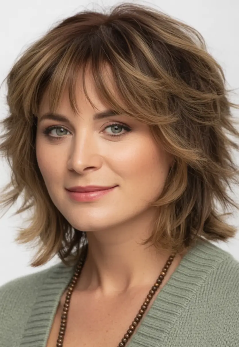 Best Fall hairstyles and colors for Women 40+ in 2025 Textured Shaggy Layers with Soft Fringe