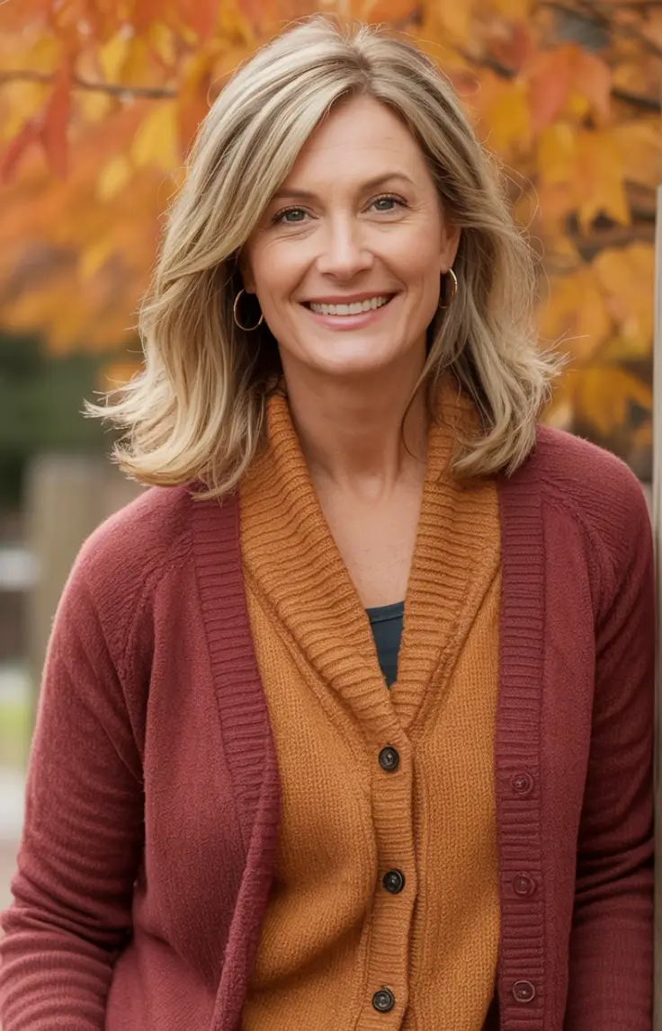 Best Fall hairstyles and colors for Women 40+ in 2025 Golden Ash Layers with Autumn Warmth