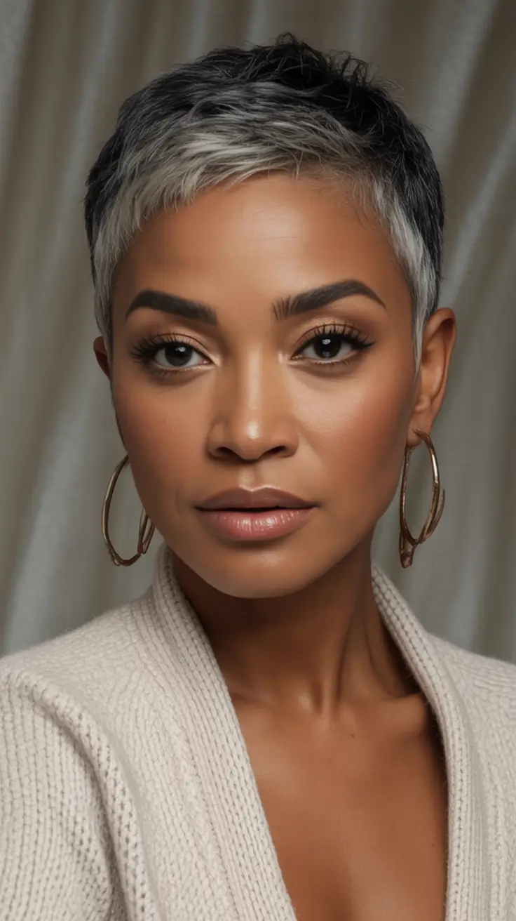Best Fall hairstyles and colors for Women 40+ in 2025 Silver Pixie With Natural Root Blend
