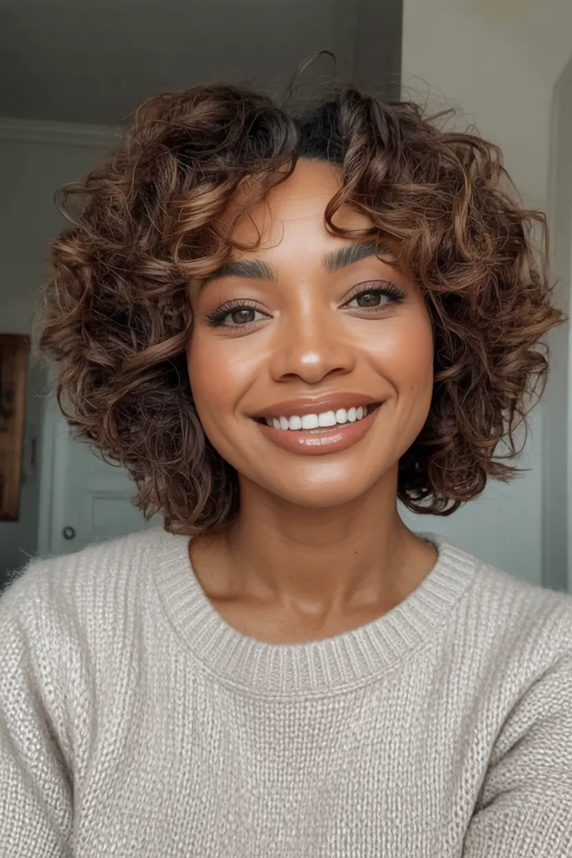 Best Fall hairstyles and colors for Women 40+ in 2025 Voluminous Curly Bob With Fringe