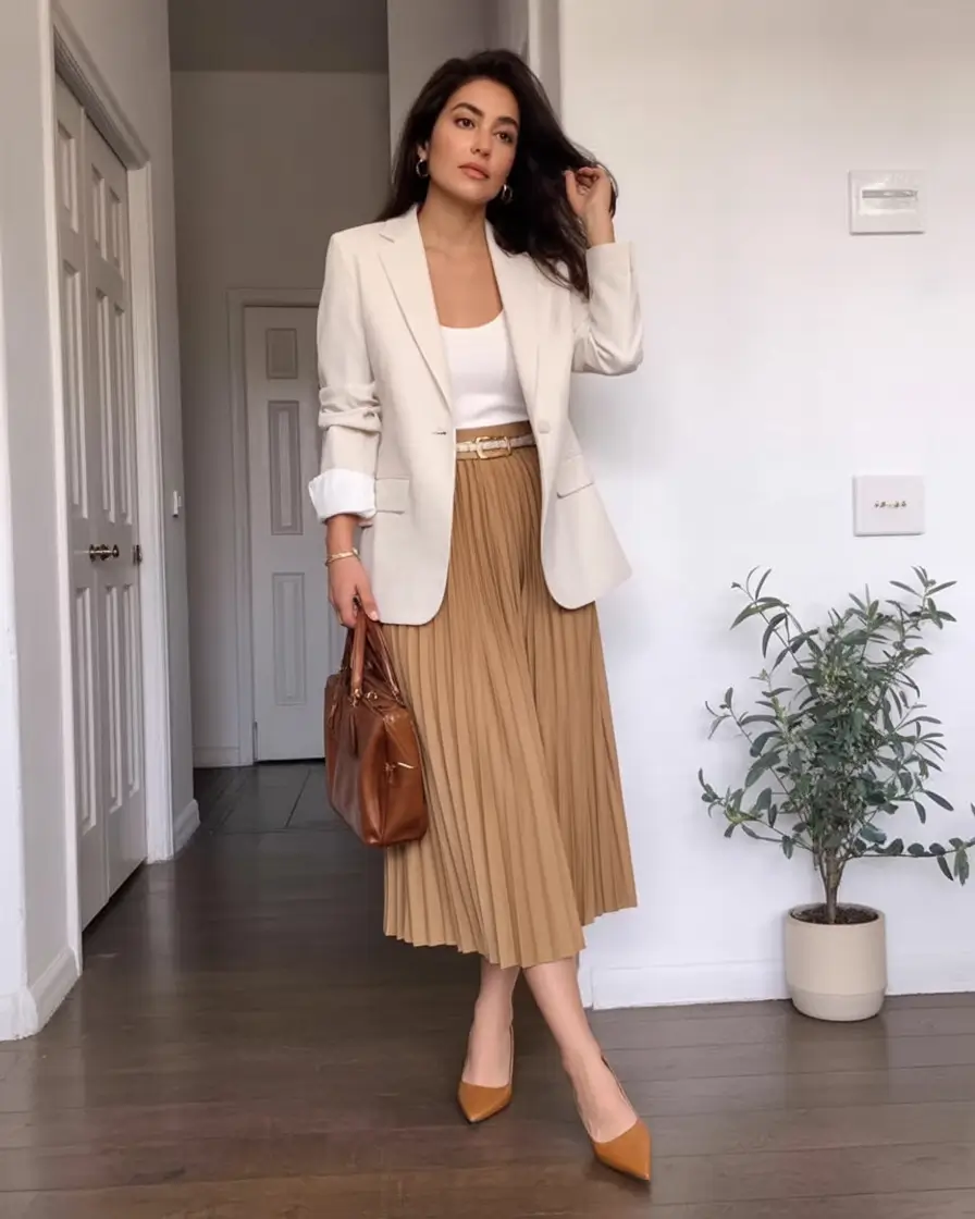 Chic Fall outfits for the Office - 2025 Trends Camel Pleats And Ivory Structure