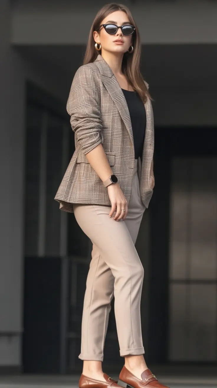 Chic Fall outfits for the Office - 2025 Trends Plaid Blazer With Taupe Pants