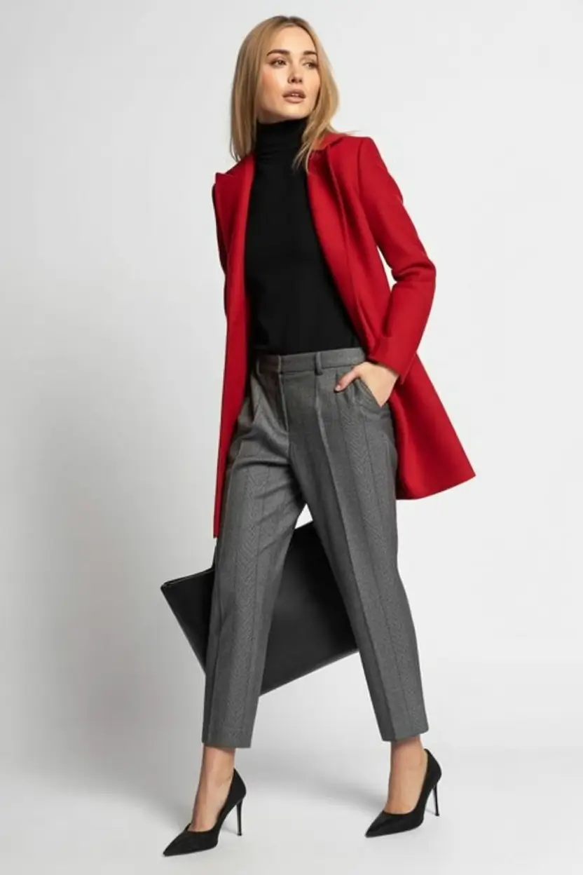 Chic Fall outfits for the Office - 2025 Trends Bold Red Coat With Tapered Gray Pants