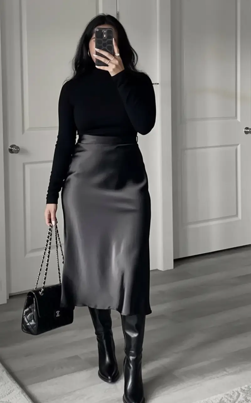 Chic Fall outfits for the Office - 2025 Trends Black-On-Black Elegance with Satin and Leather