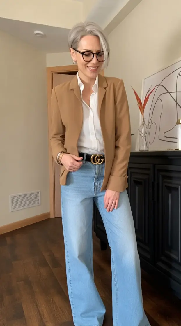 Chic Fall outfits for the Office - 2025 Trends Soft Camel Blazer Meets Classic Denim