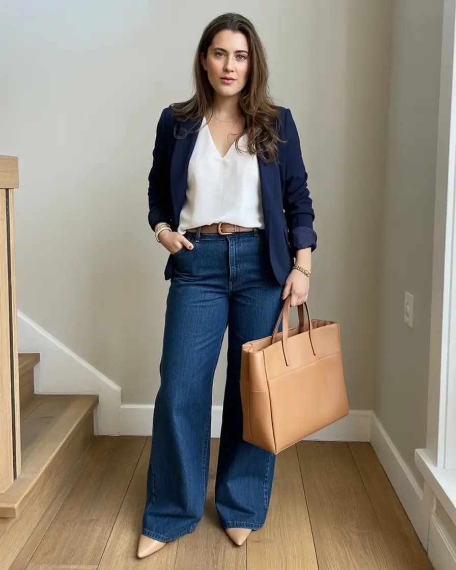 Chic Fall outfits for the Office - 2025 Trends Navy Blazer Meets Casual Denim