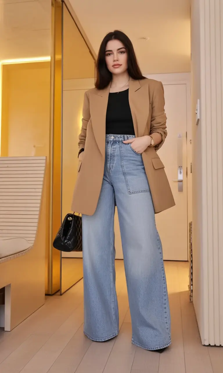 Chic Fall outfits for the Office - 2025 Trends Camel Blazer And Wide Leg Casual Jeans