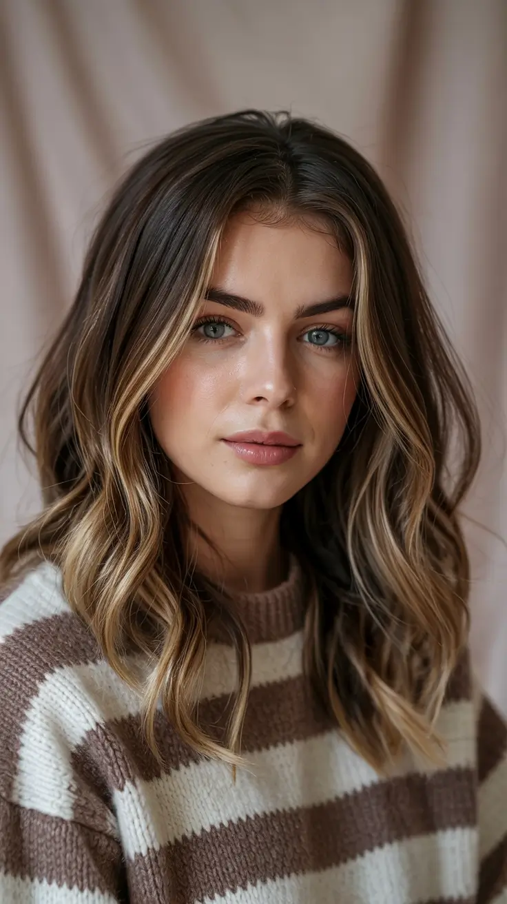 Cozy Brown Hair Colors for Fall Season 2025 Honey Ribbon Waves on Mid-Length Brunette