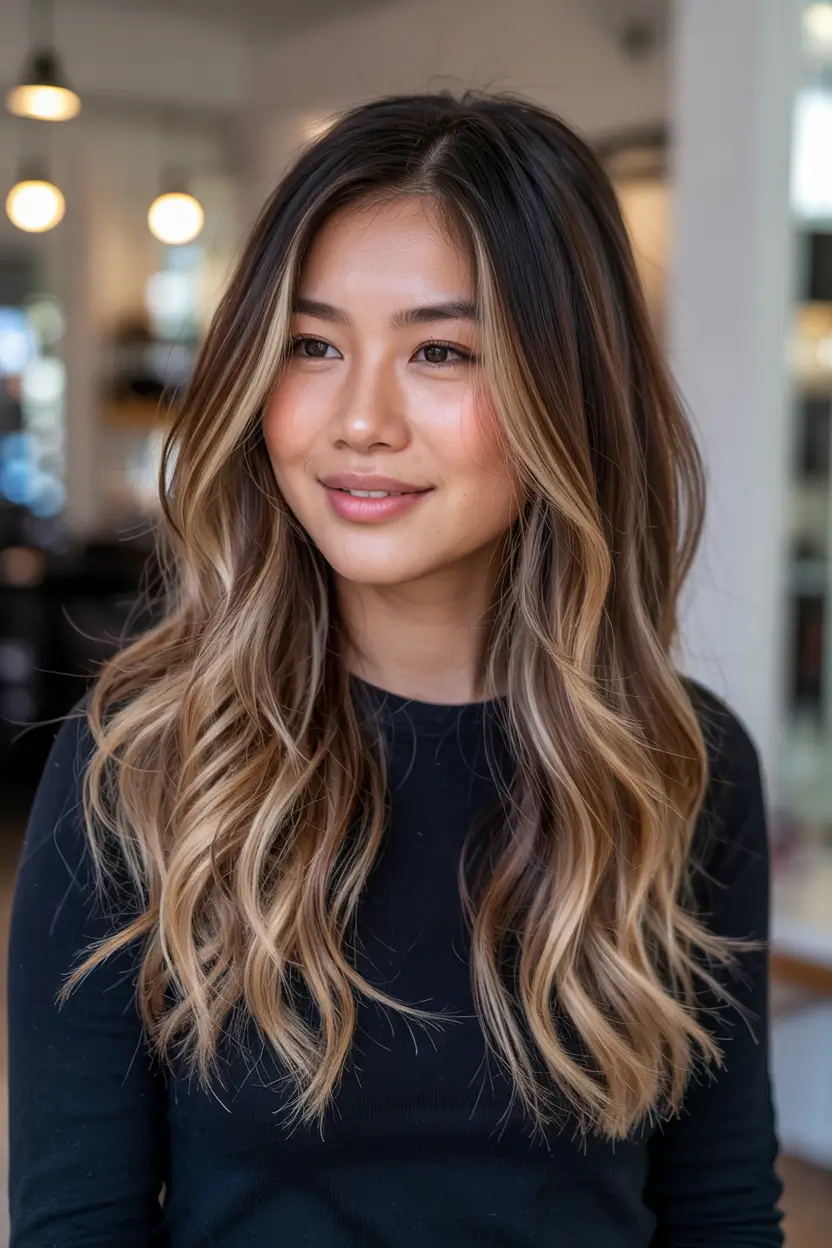 Cozy Brown Hair Colors for Fall Season 2025 Warm Blonde Balayage on Rich Brunette Base