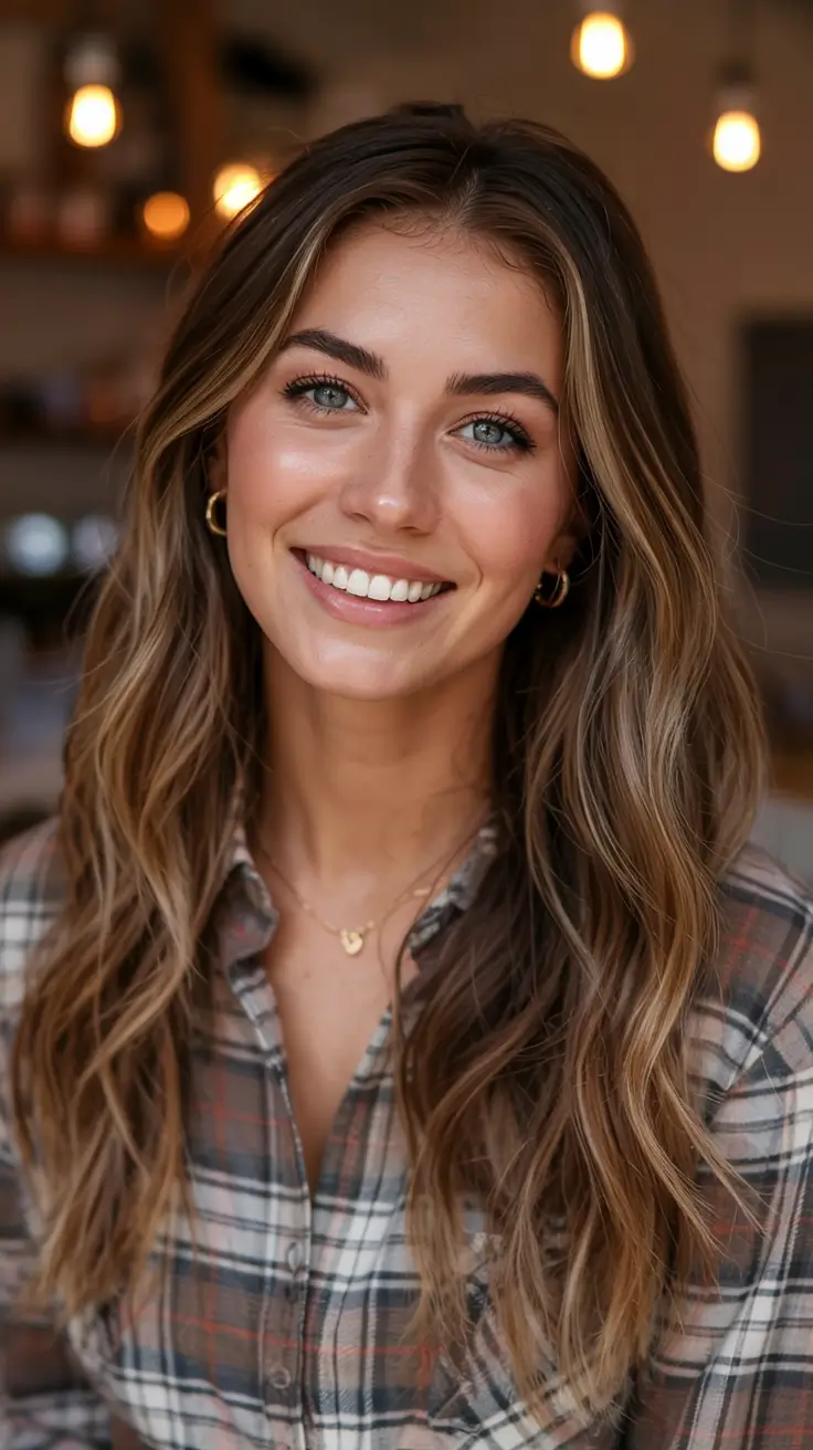 Cozy Brown Hair Colors for Fall Season 2025 Golden Brunette Waves with Flannel Energy