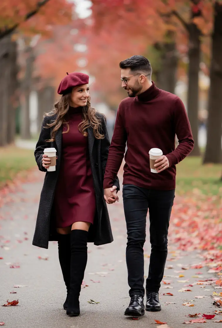 Cozy Fall 2025 outfits for Family Photo Chic Burgundy Layers for a Cozy Couple Look