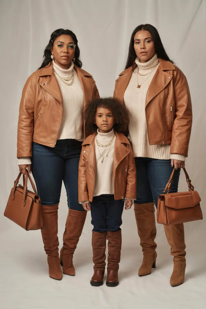 Cozy Fall 2025 outfits for Family Photo Tan Leather Layers and Statement Chains
