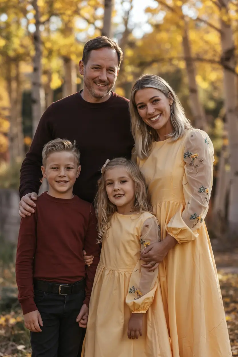 Cozy Fall 2025 outfits for Family Photo Harvest Gold and Earthy Red Harmony