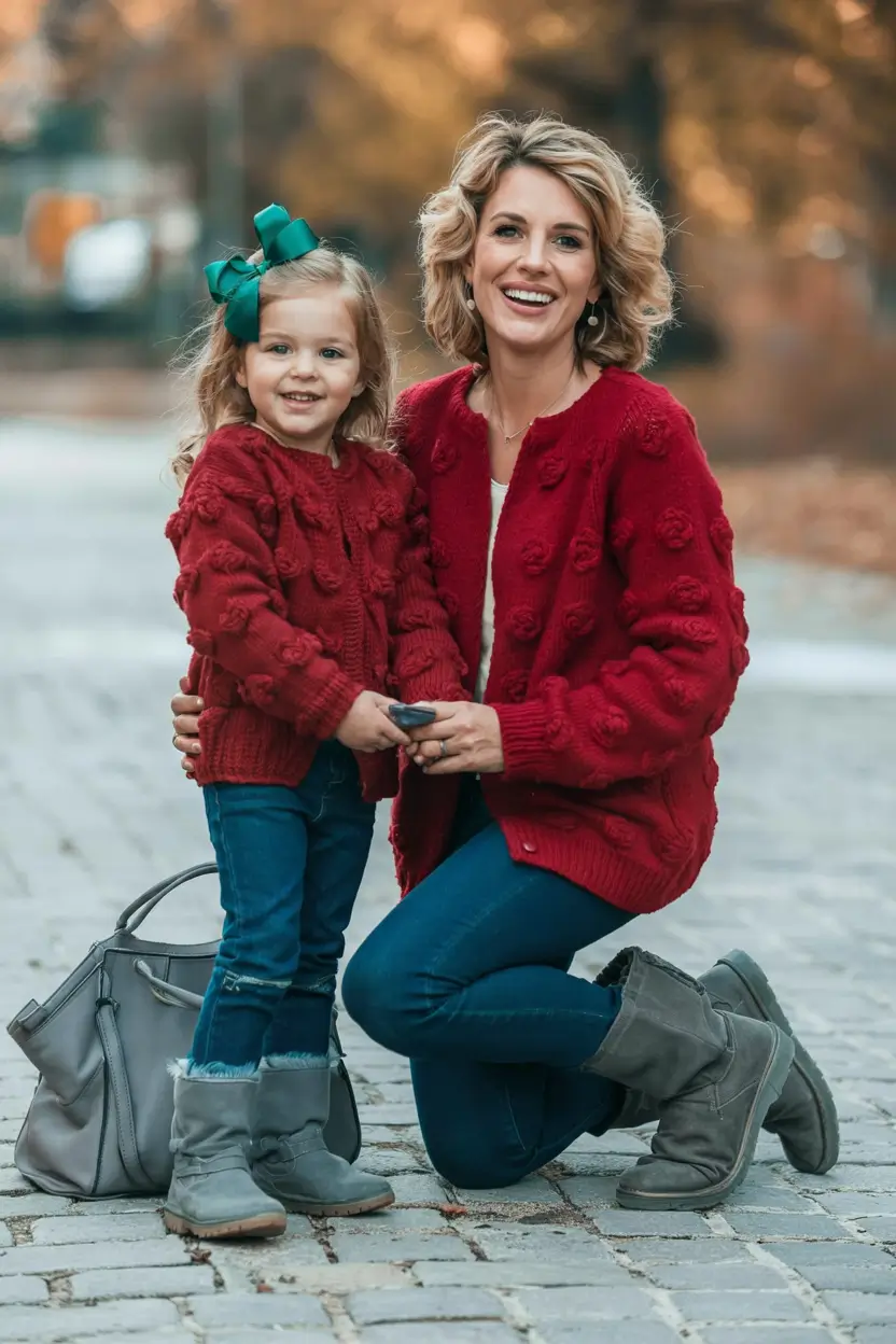 Cozy Fall 2025 outfits for Family Photo Cherry Red Layers for Mommy and Me