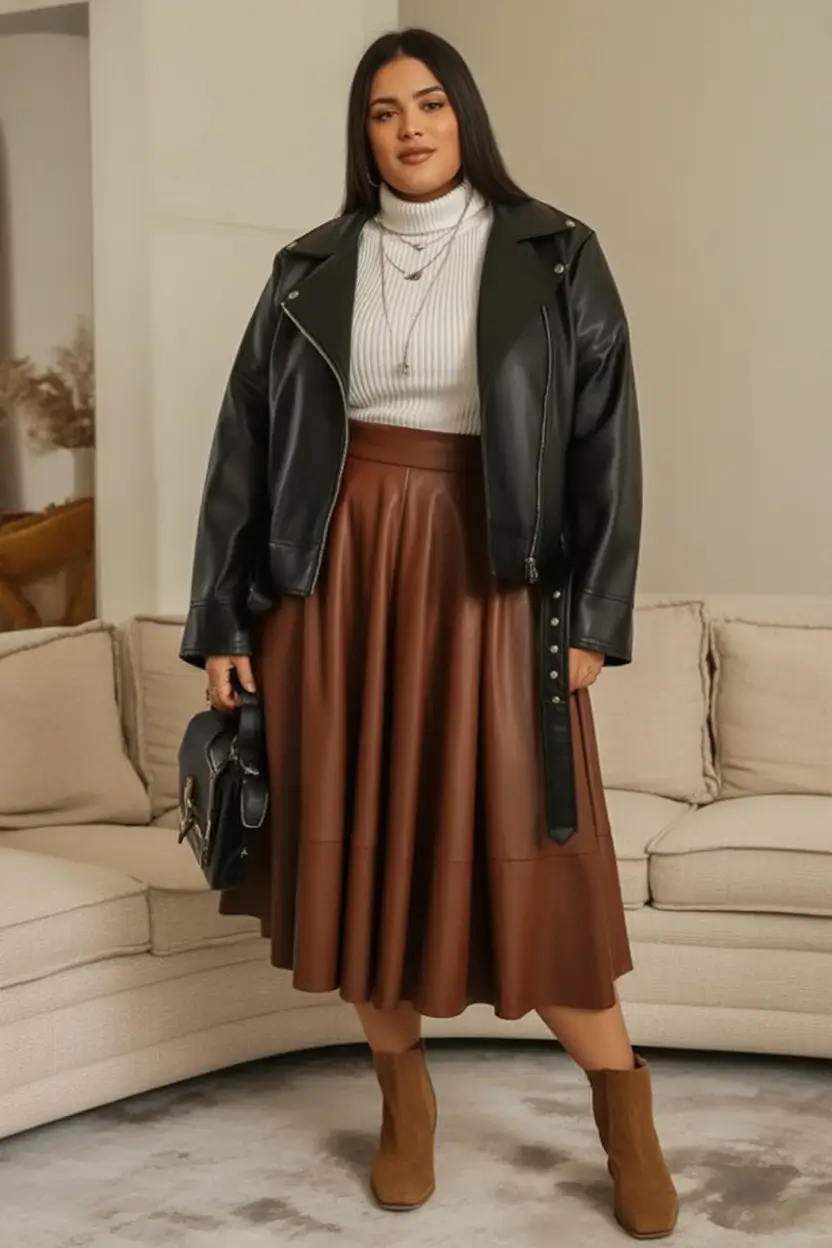 curvy fall outfits ideas 2025 Leather Skirt Love in Motion