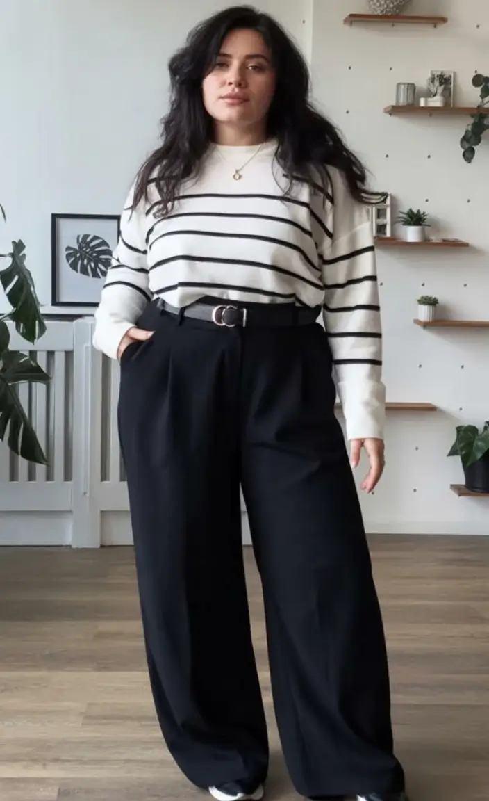 curvy fall outfits ideas 2025 Striped Simplicity With A Soft Edge