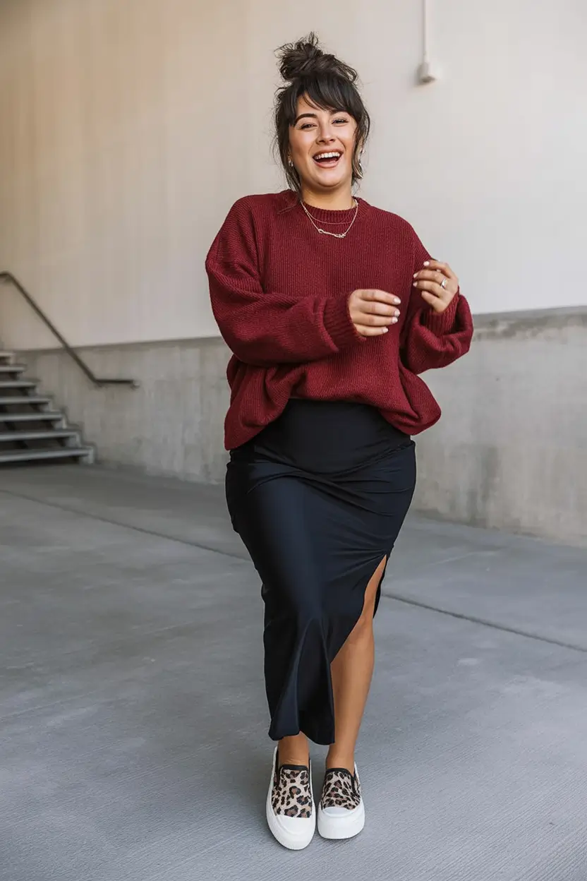 curvy fall outfits ideas 2025 Burgundy Oversized Meets Sleek Midi