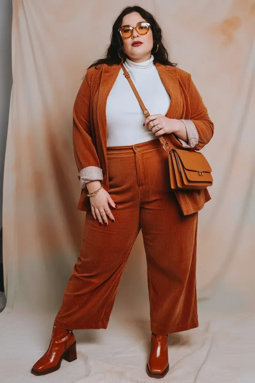 curvy fall outfits ideas 2025 Corduroy Power Suit Energy