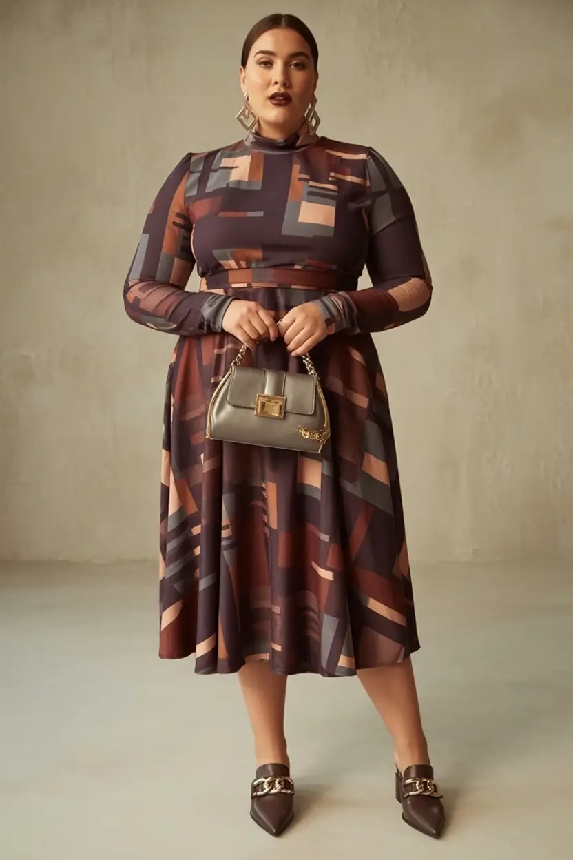 curvy fall outfits ideas 2025 Mid-Century Graphic Elegance