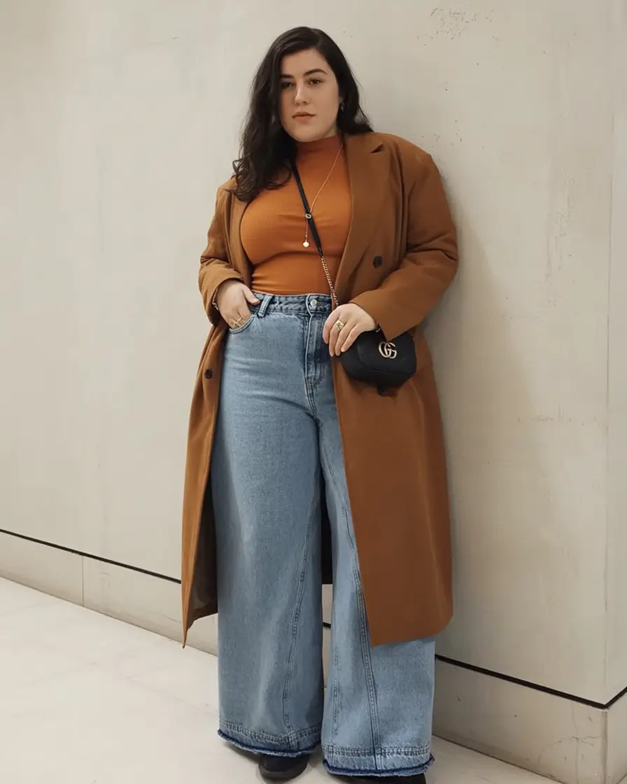 curvy fall outfits ideas 2025 Warm Rust and Wide Denim
