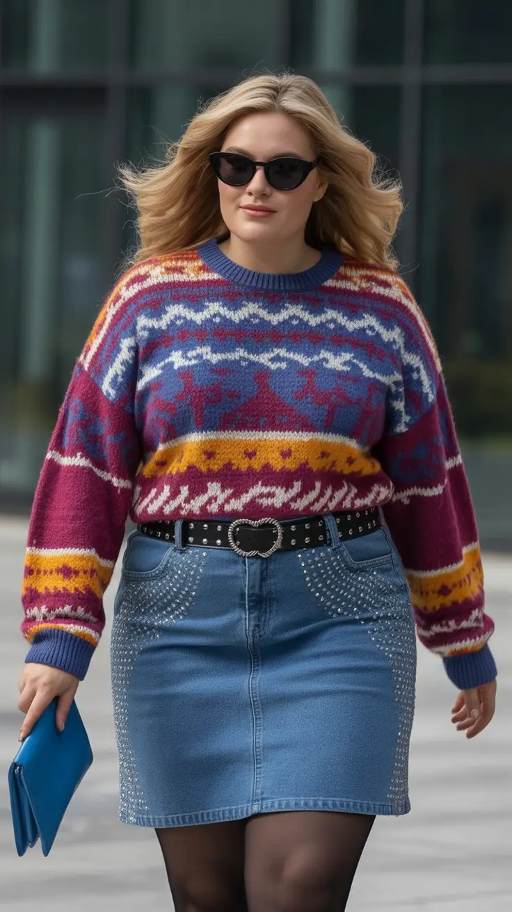 curvy fall outfits ideas 2025 Playful Knit Meets Studded Denim