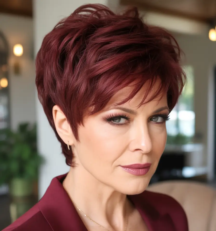 Elegant Fall hairstyles and colors for Women Over 60 in 2025 Bold Burgundy Power Layers