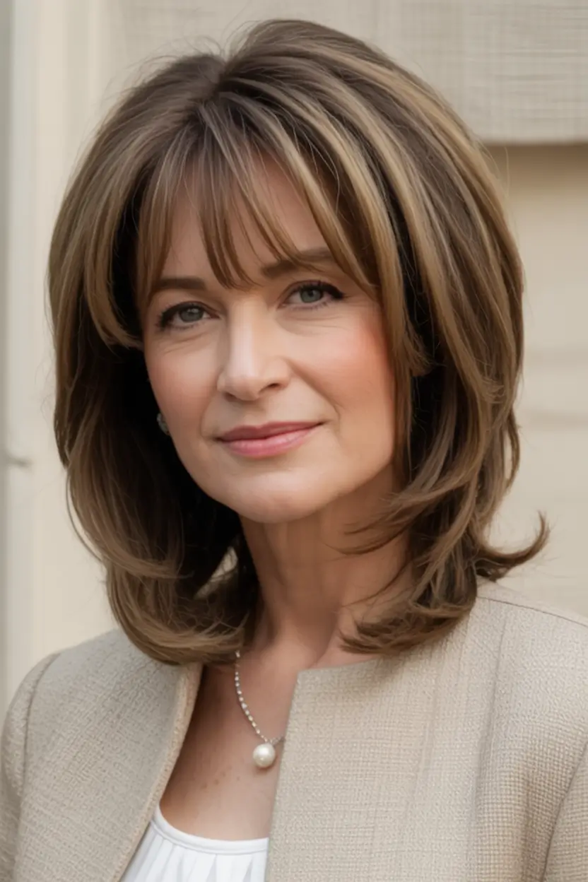 Elegant Fall hairstyles and colors for Women Over 60 in 2025 Classic Shoulder Flip with Bangs