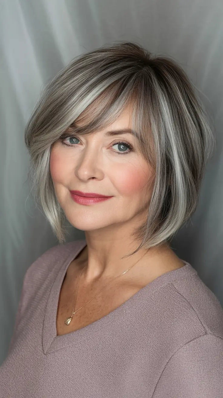 Elegant Fall hairstyles and colors for Women Over 60 in 2025 Silver Soft Bob with Side-Swept Fringe