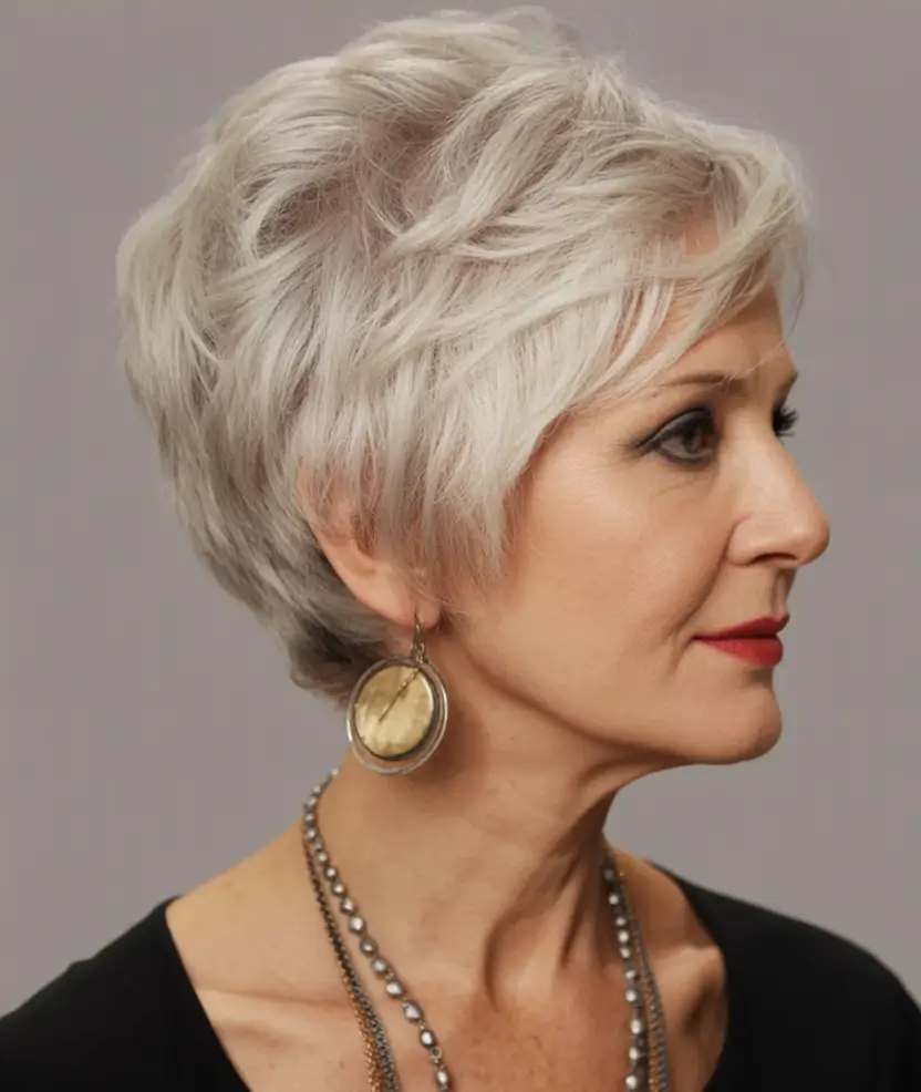 Elegant Fall hairstyles and colors for Women Over 60 in 2025 Modern Platinum Pixie with Feathered Texture
