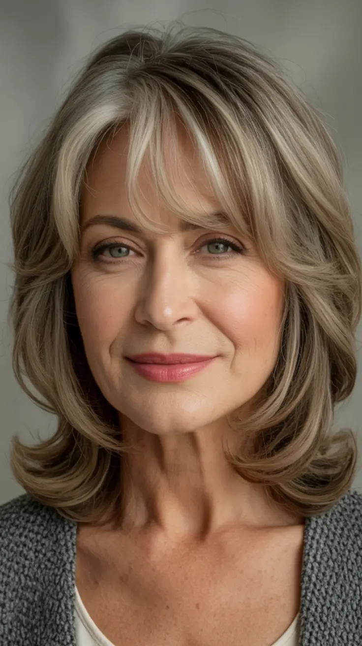 Elegant Fall hairstyles and colors for Women Over 60 in 2025 Face-Framing Ash Layers with Subtle Shine