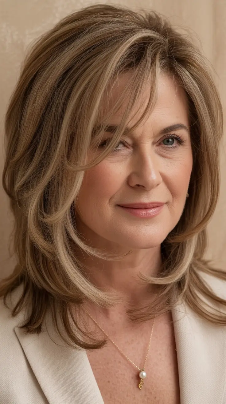 Elegant Fall hairstyles and colors for Women Over 60 in 2025 Feathered Layers with Subtle Honey Blonde Movement