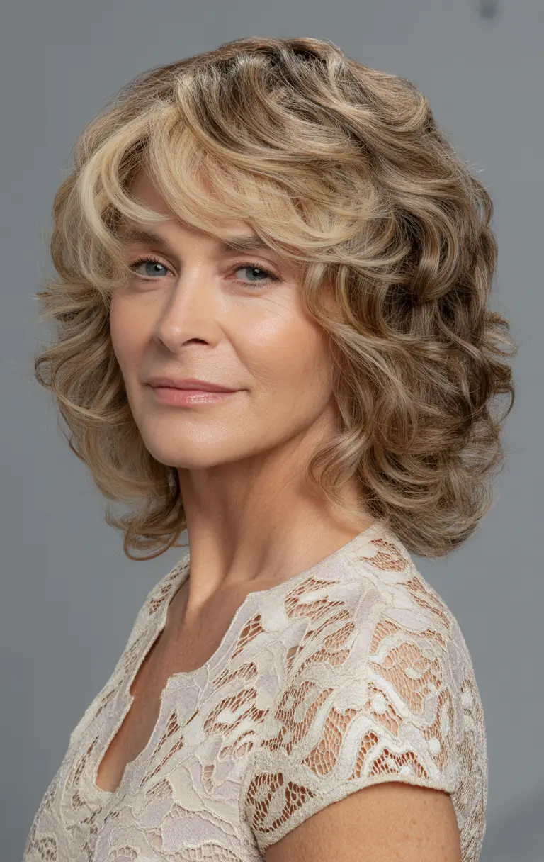 Elegant Fall hairstyles and colors for Women Over 60 in 2025 Soft Champagne Curls with Retro Flair