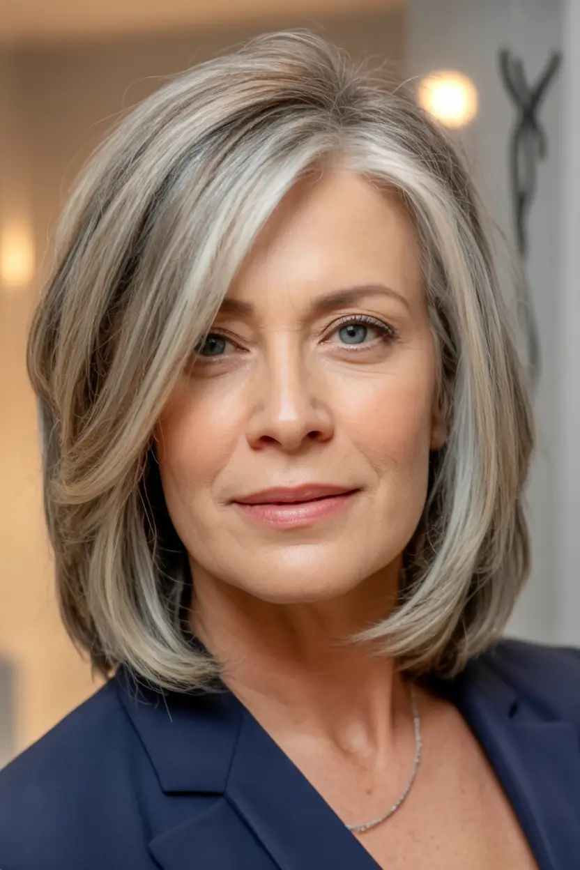 Elegant Fall hairstyles and colors for Women Over 60 in 2025 Modern Frosted Silver Lob