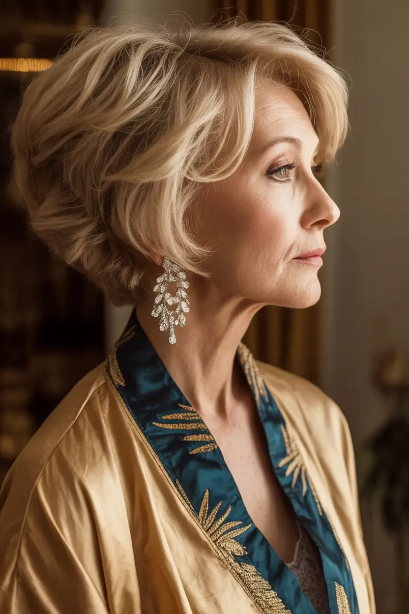 Elegant Fall hairstyles and colors for Women Over 60 in 2025 Champagne Sculpted Bob with French Volume