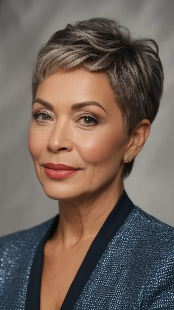 Elegant Fall hairstyles and colors for Women Over 60 in 2025 Silver Ash Pixie with Tapered Edge