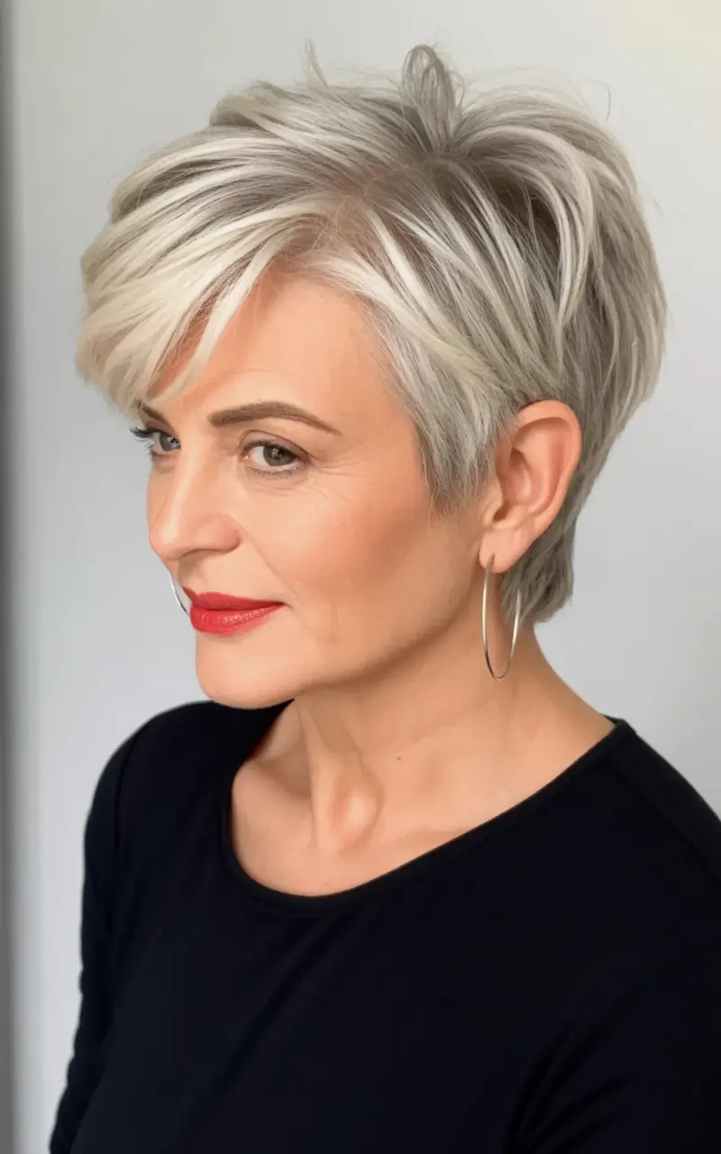 Elegant Fall hairstyles and colors for Women Over 60 in 2025 Sleek Platinum Layers with Flawless Parting