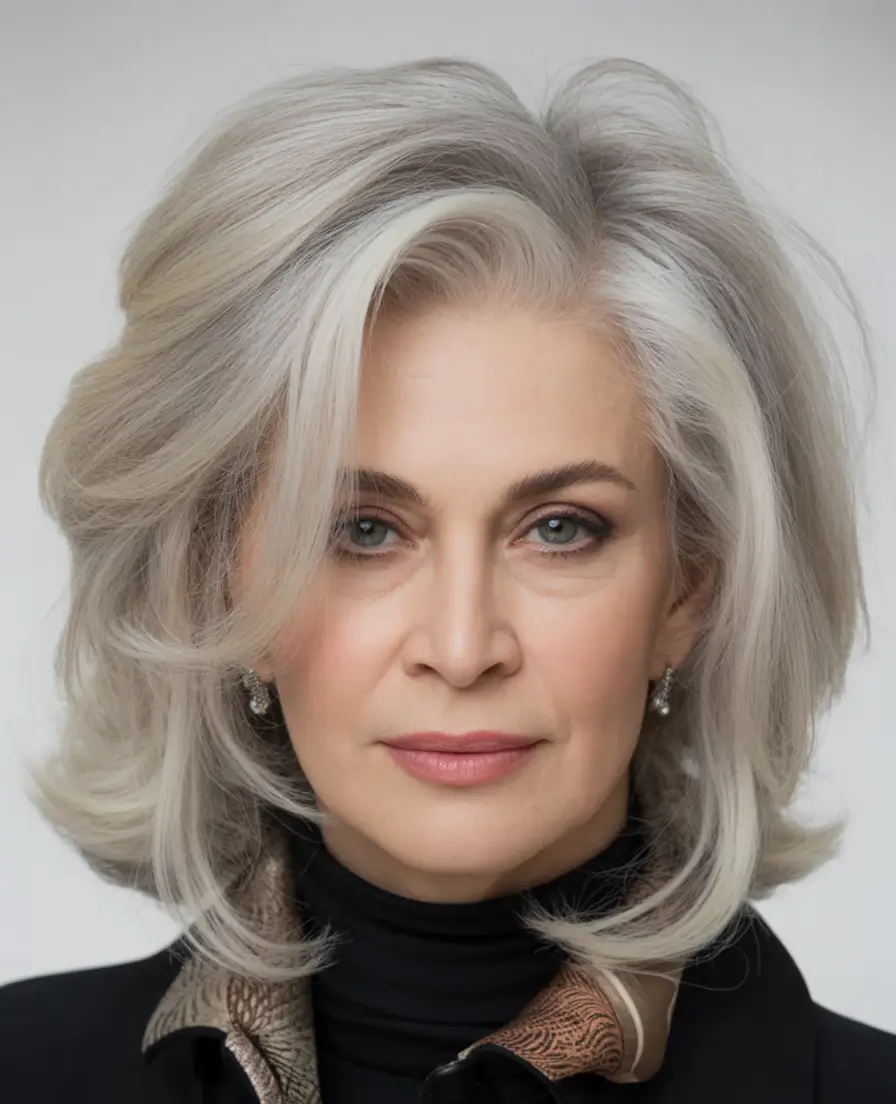 Elegant Fall hairstyles and colors for Women Over 60 in 2025 Brushed-Back Silver Volume with Luxurious Flow