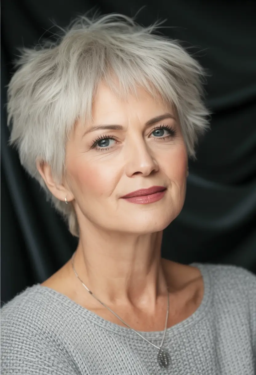 Elegant Fall hairstyles and colors for Women Over 60 in 2025 Feathery Ice Blonde Pixie with Soft Texture