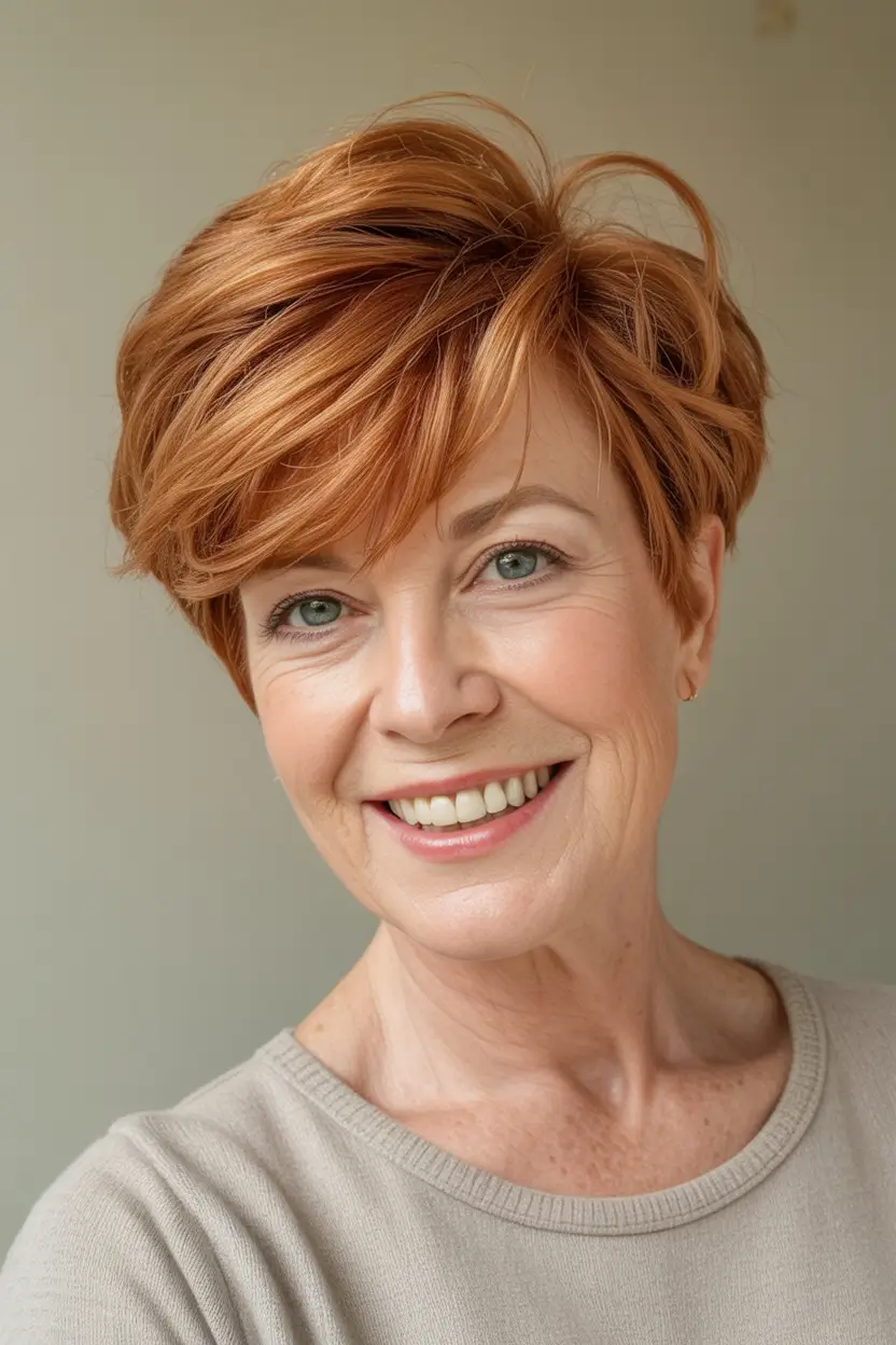 Elegant Fall hairstyles and colors for Women Over 60 in 2025 Copper Cinnamon Side Sweep