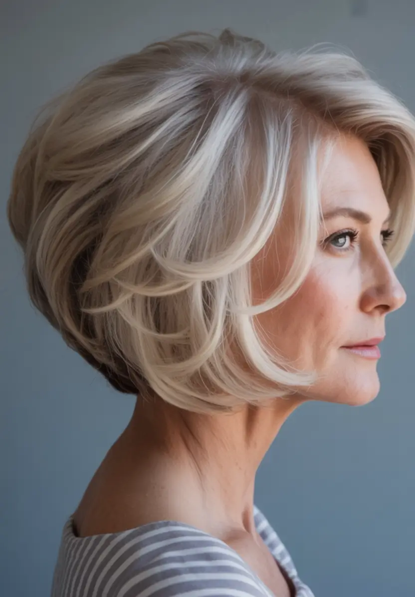 Elegant Fall hairstyles and colors for Women Over 60 in 2025 Platinum Bob with Dimensional Layering
