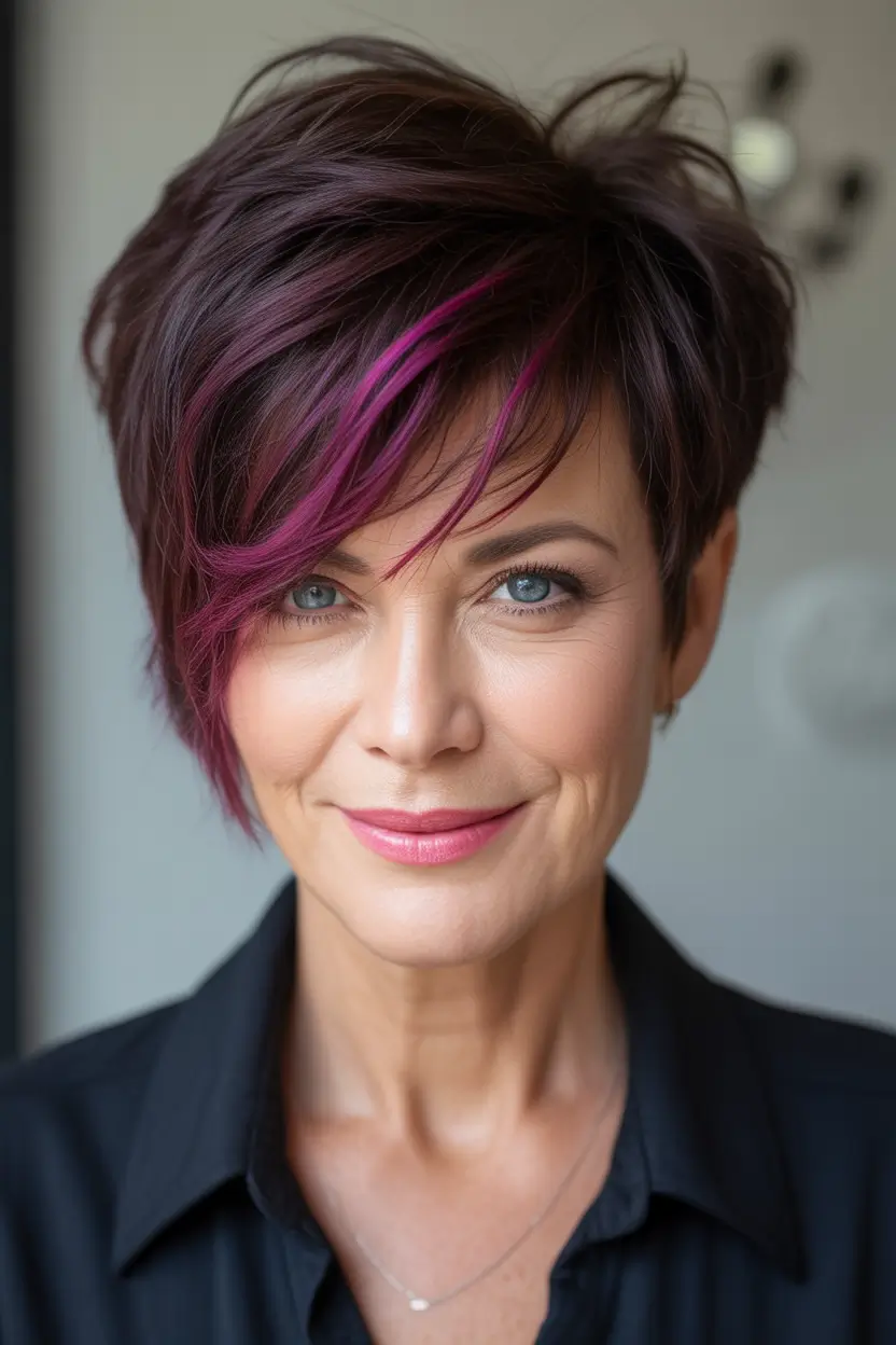 Elegant Fall hairstyles and colors for Women Over 60 in 2025 Deep Plum Pixie with Electric Accent