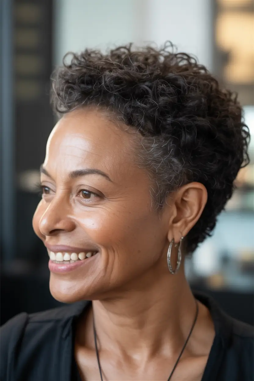Elegant Fall hairstyles and colors for Women Over 60 in 2025 Natural Tight Curls with Tapered Fade