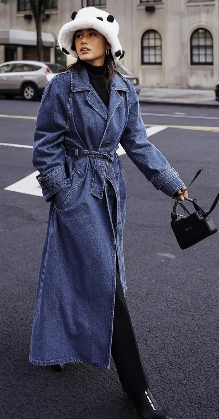 Everyday Fall Fashion outfits with Jeans 2025 Statement Denim Trench with Panda Power