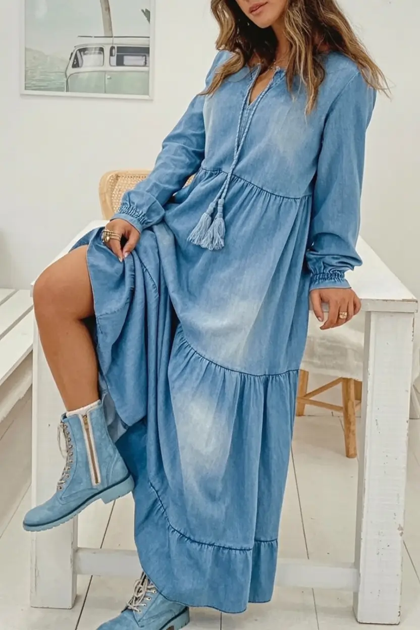 Everyday Fall Fashion outfits with Jeans 2025 Soft Denim Maxi with Prairie Whimsy