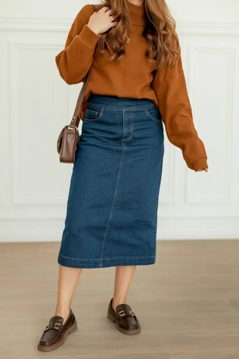 Everyday Fall Fashion outfits with Jeans 2025 Rust-Toned Neutrals with Skirted Denim Ease