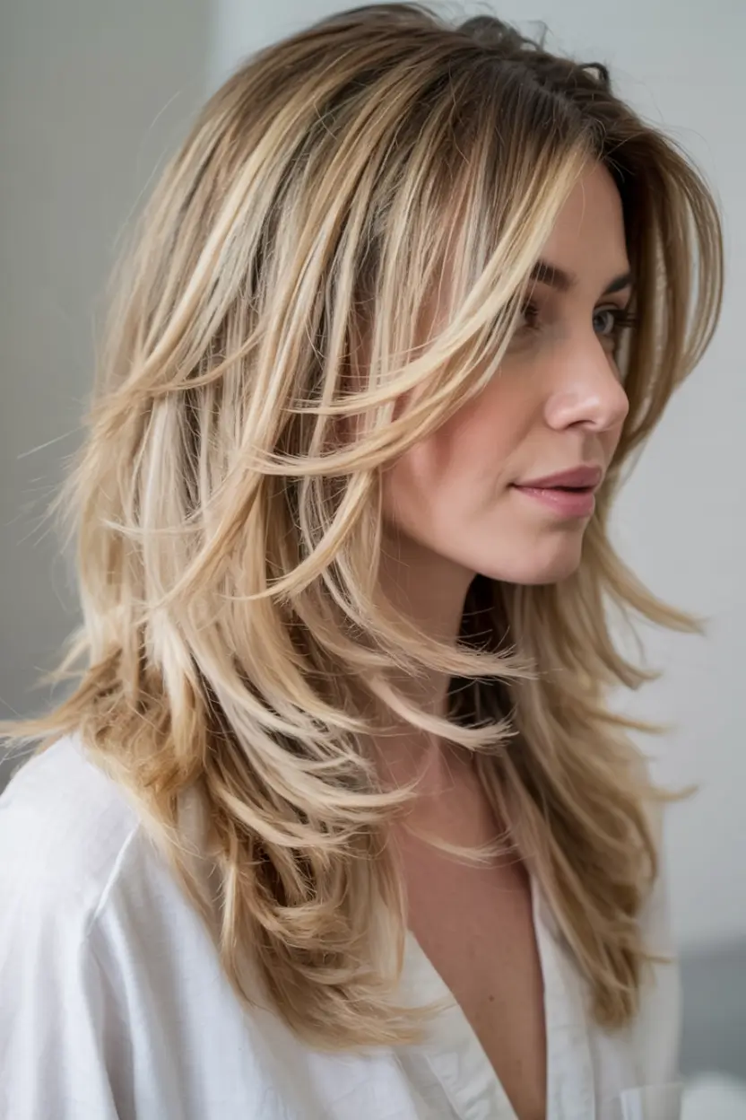 Fall 2025 Hair Color Trends for Blondes Feathered Honey Layers with Lift