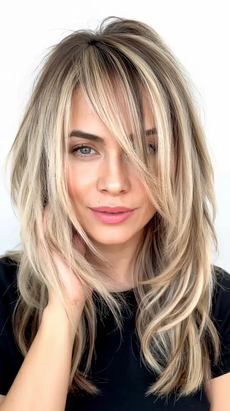 Fall 2025 Hair Color Trends for Blondes Layered Beige Blonde with Side Fringe