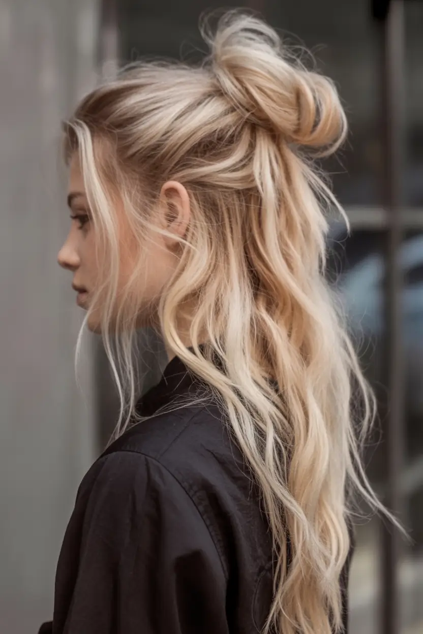 Fall 2025 Hairstyles for Women Wavy Half Up Bun with Golden Texture